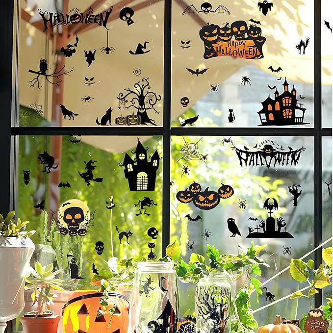 Halloween Wall Decals Stickers, Black Haunted Castle Pumpkin Skeleton Window Clings, Removable Spooky Spider Web Witch Silhouette Wall Stickers for Party Home Decor by THISFIND