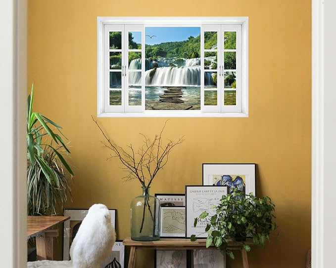FLFK Fake Window Wall Mural - Waterfall Nature Scene Peel and Stick Decal, 48 x 32 inches, Set of 2 Sheets - Image 3