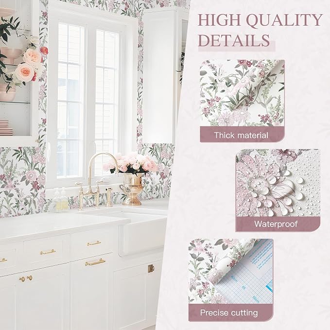Dimoon 78.7"x17.3" Vintage Wallpaper Floral Peel and Stick Wallpaper Boho Contact Paper White Pink Green Cute Flower Removable Wall Paper Renter Friendly Kitchen Shelf Bathroom Self Adhesive Vinyl - Image 4