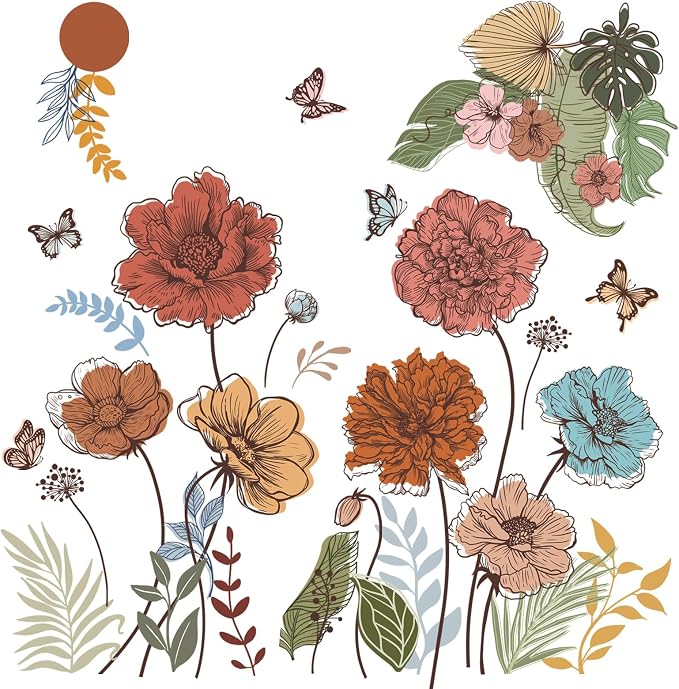 Large Boho Flower Wall Decals Floral Leaves Grass Butterfly Wall Stickers Removable Wall Art Decor for Living Room Bedroom by FUFUQUARE