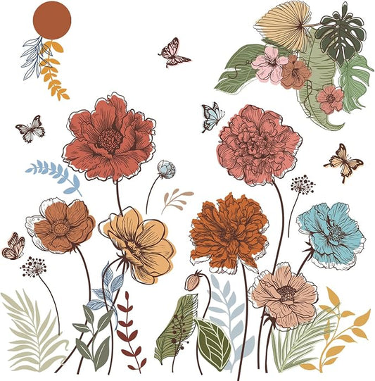 Large Boho Flower Wall Decals Floral Leaves Grass Butterfly Wall Stickers Removable Wall Art Decor for Living Room Bedroom by FUFUQUARE