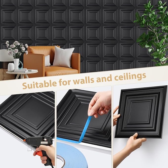 Heikki 30 Pack 3D Wall Panel for Interior Wall Décor, PVC Flower Textured Wall Panels for Living Room Bedroom Hotel Office, 11.8"x11.8", Double-Sided Tape (Black-HZX) - Image 3