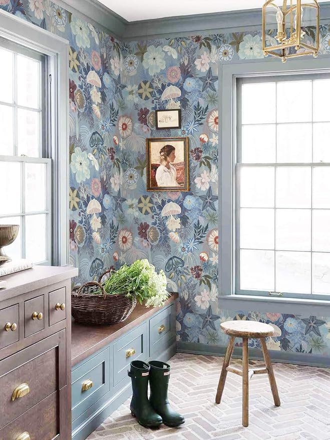 Ismoon Blue Wallpaper Peel and Stick Vintage Floral Contact Paper Jellyfish Ocean Stick on Wall Paper Removable Self Adhesive Vinyl Wallpaper for Bedroom Wall Decor Cabinet 17.3x78.7in - Image 6