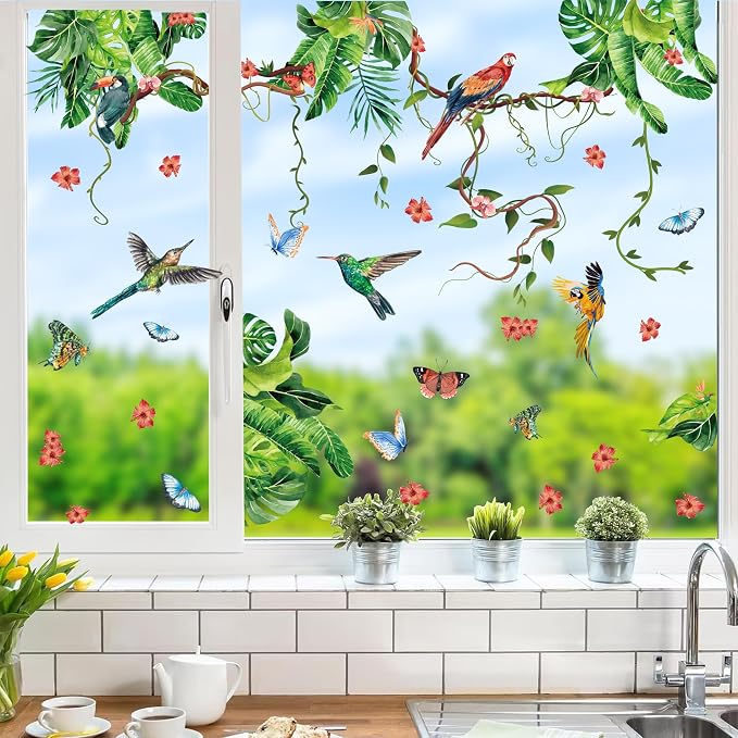 Tropical Green Leaves Window Decals Summer Hanging Vines Stickers for Glass | Anti collision for bird collision, double-sided, reusable,removable, peel and stick, for living room kitchen bathroom door - Image 6