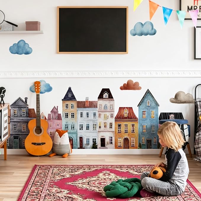 Watercolor Towns Village Wall Decal, Peel and Stick Nursery Mural Wall Stickers for Kids, Boys and Girls Room, Bedroom & Toddler Room Decor - Image 6