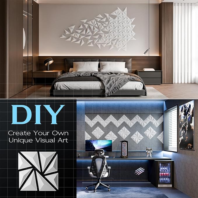 48-Pack 3D Wall Panels, White, 94" x 70" | Textured Geometric Design, PVC Material, For Living Room, Bedroom, Bathroom, Office, Easy Install & Paintable - Image 3