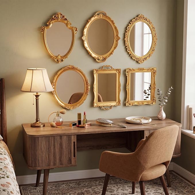 Beeveer 6 Pcs Vintage Gold Wall Mirror Set Luxury Gallery Wall Mirror Decorative Hanging Antique Decor for Living Room Entryway Wedding Bedroom Bathroom Victorian Decor (Classic,Gold) - Image 6