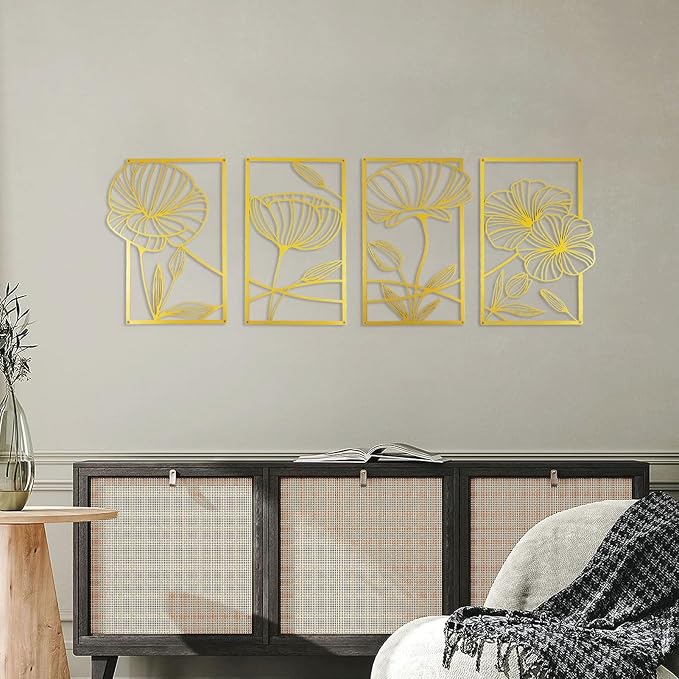 ESTART 4Pcs Metal Lotus Wall Decor Abstract Floral Line Art Sculpture | Minimalist Wall Decor for Bedroom Flowers Hanging Wall Sculpture for Living Room Kitchen Office and Yoga Room (Gold) - Image 4