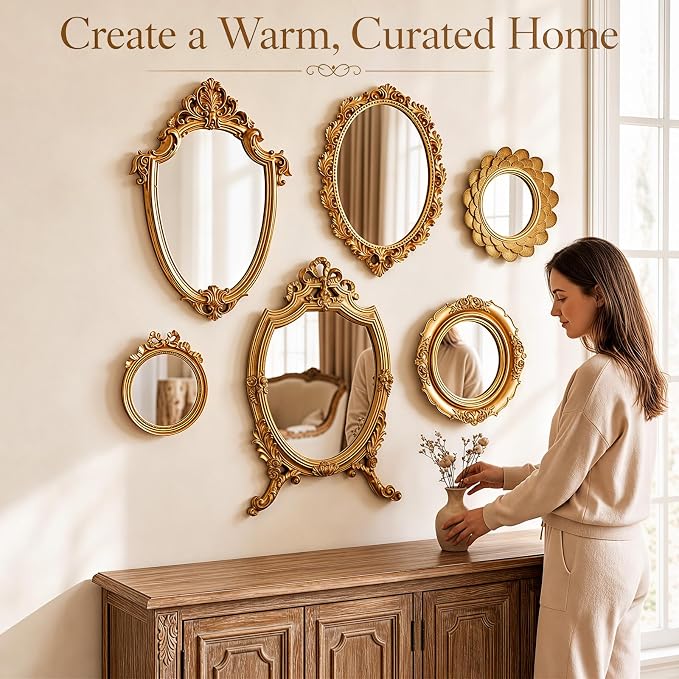 Kathfly 6 Pack Vintage Gold Mirror for Wall Gold Antique Wall Hanging Mirrors for Bedroom Decorative Resin Frame Baroque Style Assorted Sizes Tabletop Tray for Gallery Home Living Room Decor (Round) - Image 5