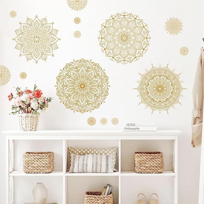 Large Mandala Wall Sticker Peel and Stick Boho Lotus Flower Wall Stickers Decor Mandala Floral Window Decals Clings Headboard Gold Mandala Wall Art Decal for Bedroom Living Room Yoga Decoration - Image 2