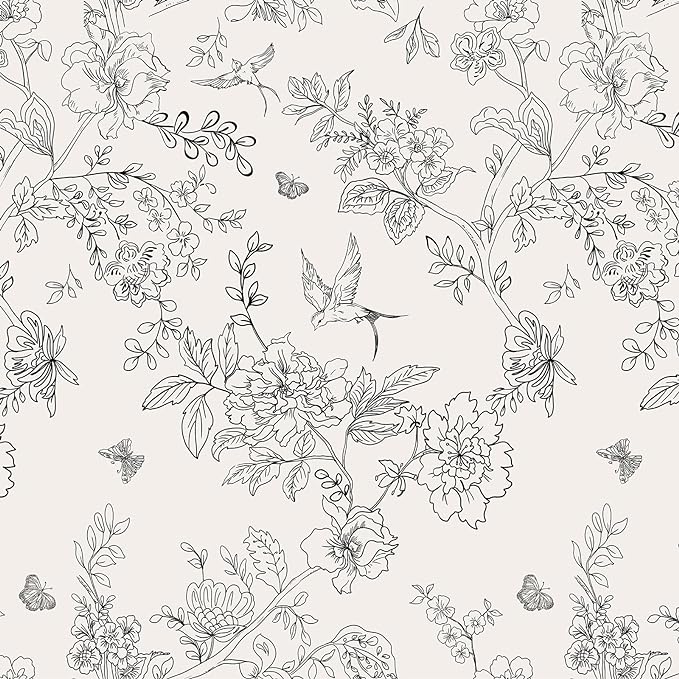 Froluya Black and White Floral Wallpaper Peel and Stick 17.7in×118.1in | Vintage Floral Contact Paper Boho Flowers Birds Removable Self Adhesive Decorative Wallpaper for Bathroom Cabinets by Froluya