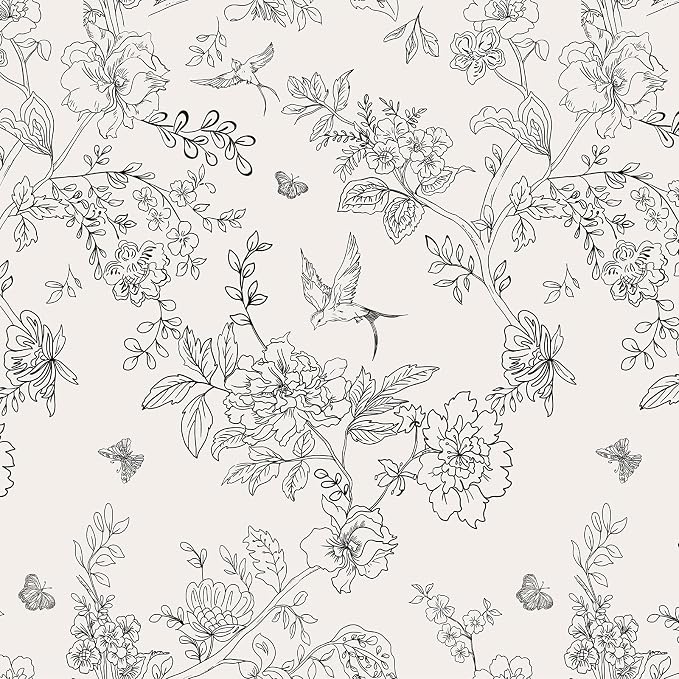 Froluya Black and White Floral Wallpaper Peel and Stick 17.7in×196.8in | Vintage Floral Contact Paper Boho Flowers Birds Removable Self Adhesive Decorative Wallpaper for Bathroom Cabinets by Froluya