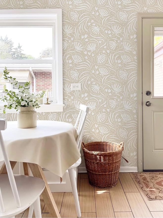 Ismoon Boho Peel and Stick Wallpaper Beige Floral Contact Paper Boho Stick on Wall Paper Textured Removable Self Adhesive Vinyl Wallpaper for Bedroom Bahtroom Wall Decor 17.3x196in - Image 7