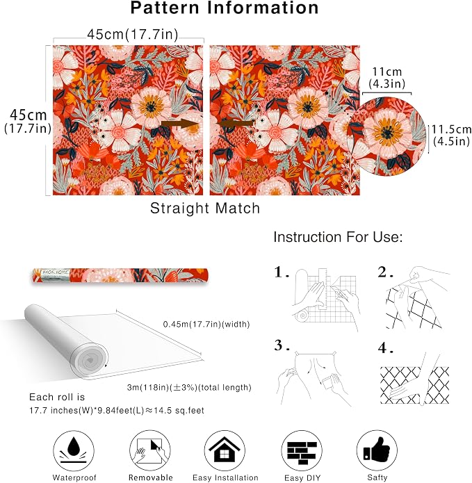 HAOKHOME Red Floral Peel and Stick Wallpaper Bathroom Vintage Contact Paper | Retro Textured Wall Paper Botanical Renter Friendly Removable Orange Flowers Bedroom Accent Decor Wall Mural 17.3in x 9.8ft - Image 7