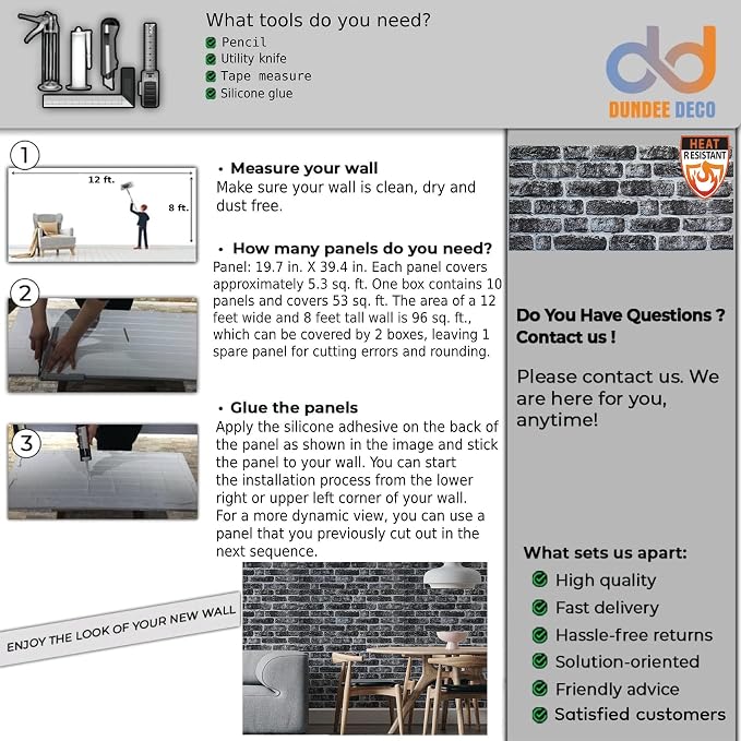Dundee Deco 3D Wall Panels Faux Brick - Cladding, Charcoal White Stone Look Wall Paneling, Styrofoam Facing for Living Room, Kitchen, Bathroom, Balcony, Bedroom, Set of 10, Covers 54 sq ft - Image 8