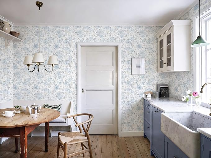 Heroad Blue Floral Wallpaper Peel and Stick Wallpaper Flower Contact Paper Rose Removable Self-Adhesive Wall Paper for Cabinets Bedroom Bathroom Stick on Walls Papel Tapiz para Pared 17.3''x78.7'' - Image 7