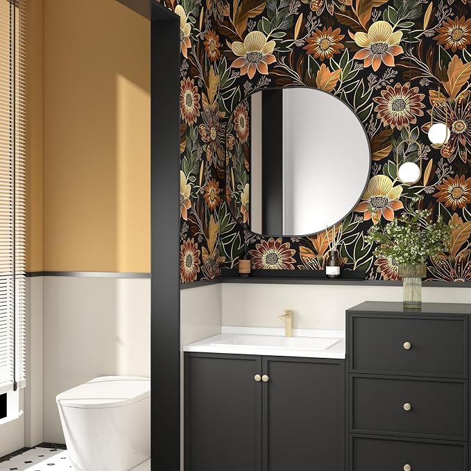 Laatse Boho Dark Black Gold Floral Wallpaper Peel and Stick 17.5"x393" | Self Adhesive/Removable/Waterproof/Thick Vinyl Contact Paper for Bathroom Bedroom Shelf Cabinet Drawer,Prepasted,Easy Peel - Image 8