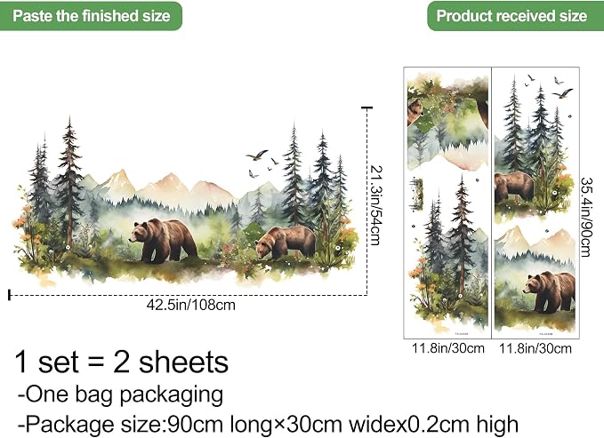 Large Jungle Animals Wall Decals Forest Tree Wall Decal Peel and Stick Woodland Bear Fox Deer Wall Stickers Giant Mountain Art for Bedroom Nursery Room FX-C432 - Image 2