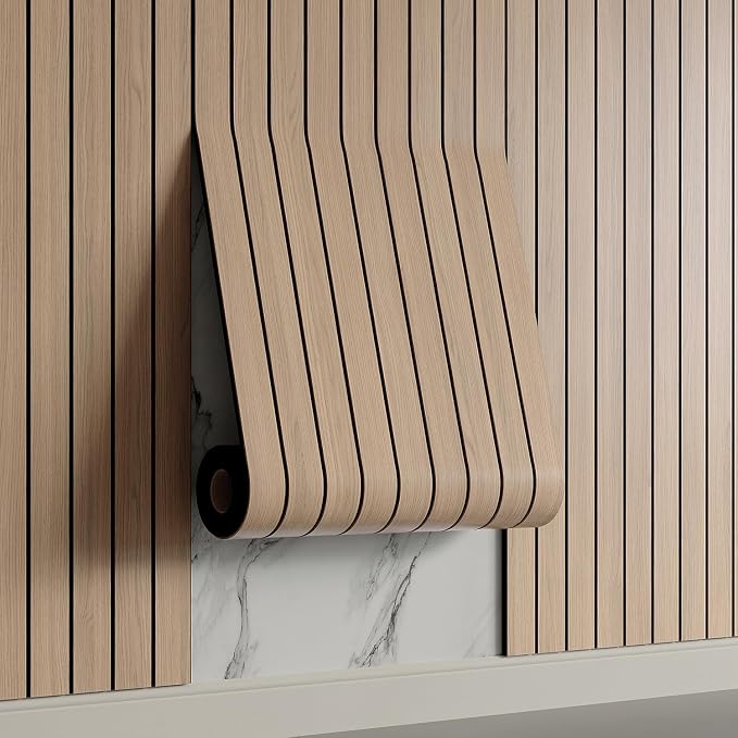 Yutianli PVC Slat Wall Panel Peel and Stick 236"x 15.7" Faux Wood Slat Panel Artificial Oak Wood Grain Self-Adhesive Soundproof 3D Wall Panel for Walls and Ceilings by Yutianli