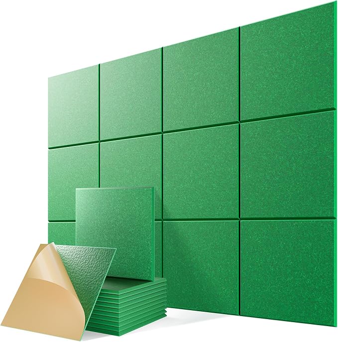 12 Pack Self-Adhesive Acoustic Panels, 12" X 12" X 0.4" High-Density Sound Proof Foam Panels for Walls, Soundproof Wall Panels for Home & Office (Green) by Lebenforce