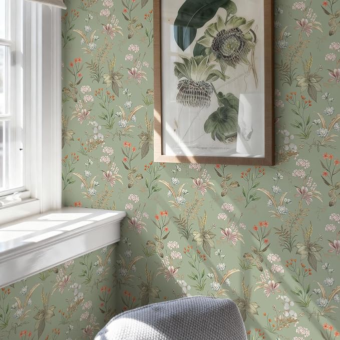 Simon&Siff Vintage Floral Peel and Stick Wallpaper 800" x 17.3" | Sage Green Botanical Contact Paper, Self Adhesive Removable Wall Paper, Renter Friendly, Bedroom Cabinets DIY Decor - Image 2