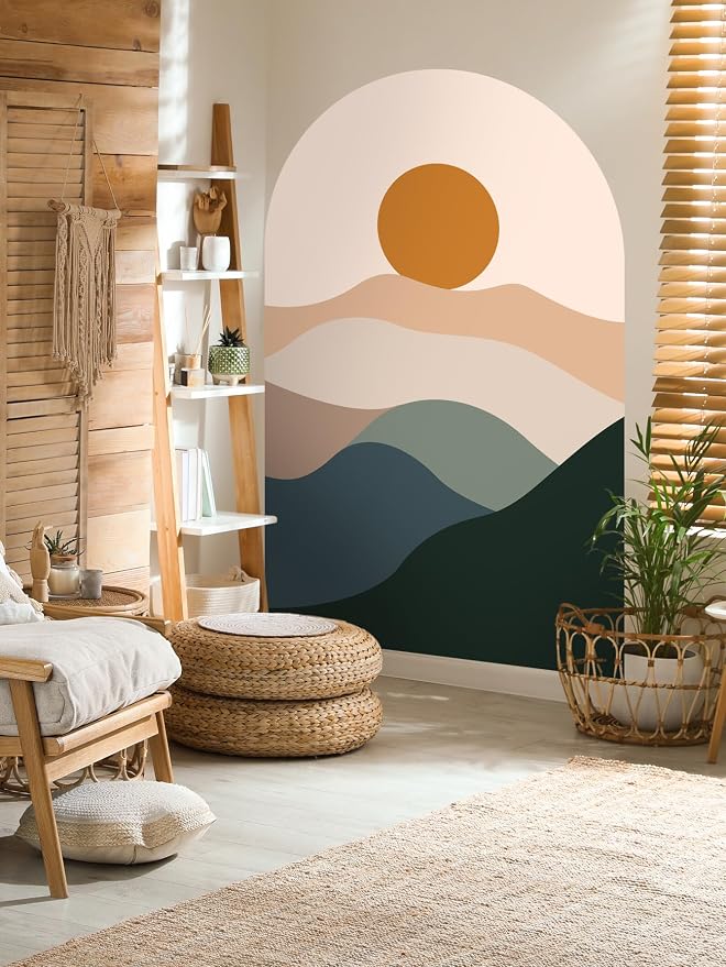 Boho Minimalist Sunset Mountain Wall Stickers – Earth Tone Abstract Landscape Wall Decor Peel & Stick Removable Art Decals for Living Room Home Office Decor,56 cm x 88 cm - Image 2