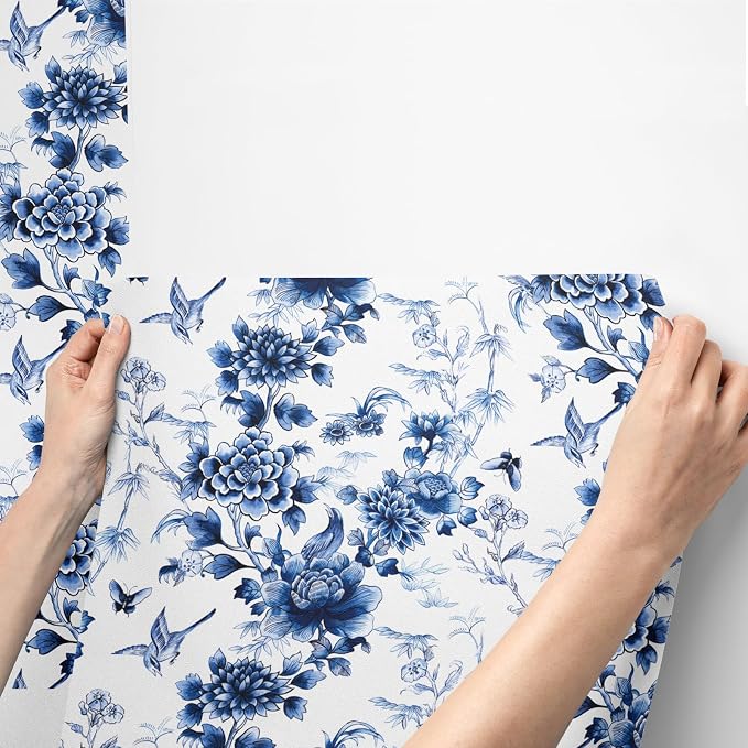 RUSPEPA Peel and Stick Wallpaper - Blue Flower White Design Self Adhesive Removable Wallpaper Decorative Waterproof Contact Paper for Cabinets, Walls - 17.3 Inch x 3.28 Feet - Image 7
