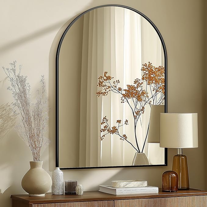 Arched Bathroom Mirror for Wall, 40" x 28" Metal Frame Vanity Mirror, Black by TRAHOME