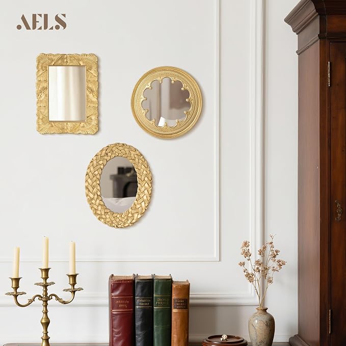 AELS 3 Pack Small Antique Gold Mirror Wall Decor, Wall Hanging Mirror Decor, Luxury Home Decor, Vintage Wall Mirror Set of 3, Small Decorative Mirrors for Living Room Entryway Bedroom - Image 3