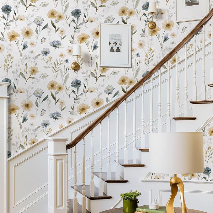 Ismoon Floral Peel and Stick Wallpaper Boho Wallpaper 17.3in x 6.56ft Blue and White Contact Paper Watercolor Flower Removable Wall Paper for Bedroom Nursery Kitchen Girls Room Vinyl - Image 7