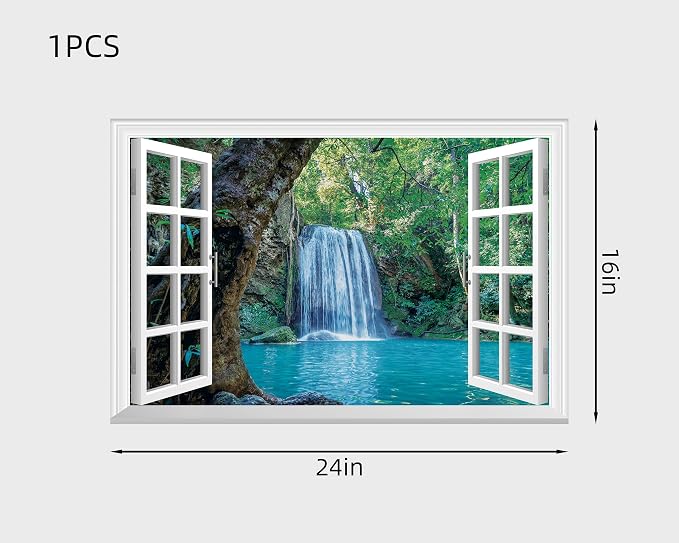 FLFK Fake Window Wall Decal - Waterfall and Lake in The Jungle Faux Window Wall Mural for Wall Decor, Peel and Stick Wall Sticker,24"x16" - Image 2
