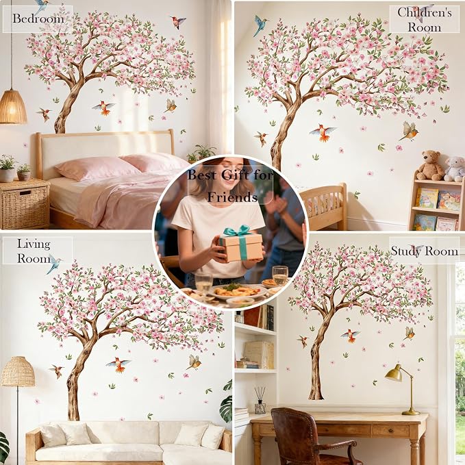 Large Pink Flower Tree Wall Decals Cherry Blossom Floral Branch Wall Stickers Peach Flower Birds Home Art Decals Stickers Living Room Bedroom Tv Background Wall Decor - Image 8