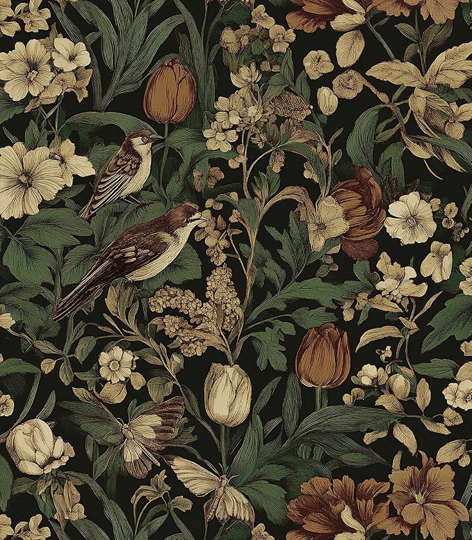 Erfoni Bird Floral Peel and Stick Wallpaper Vintage Contact Paper for Walls | 17.3" x 394" Floral and Leaf Self Adhesive Wallpaper Retro DIY Removable Decorative Wallpaper for Livingroom Vinyl Roll Dark by Erfoni