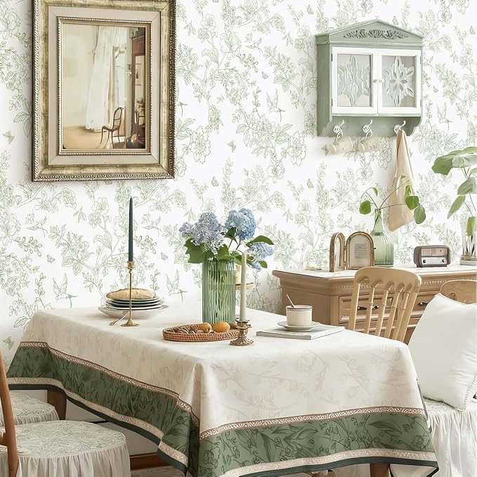 Froluya Green and White Peel and Stick Floral Wallpaper 17.7in×118.1in | Boho Floral Self Adhesive Wallpaper Vintage Flower Bird Removable Contact Paper for Bathroom Shelf Liner Cabinets Vinyl - Image 4
