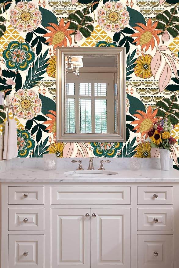 HAOKHOME Tropical Wallpaper Peel and Stick Wallpaper Boho 17.3in x 32.8ft | Floral Botanical Leaf Textured Removable Waterproof Renter Friendly Wall Paper Cream Pink Green Bathroom Bedroom ContactPaper - Image 6