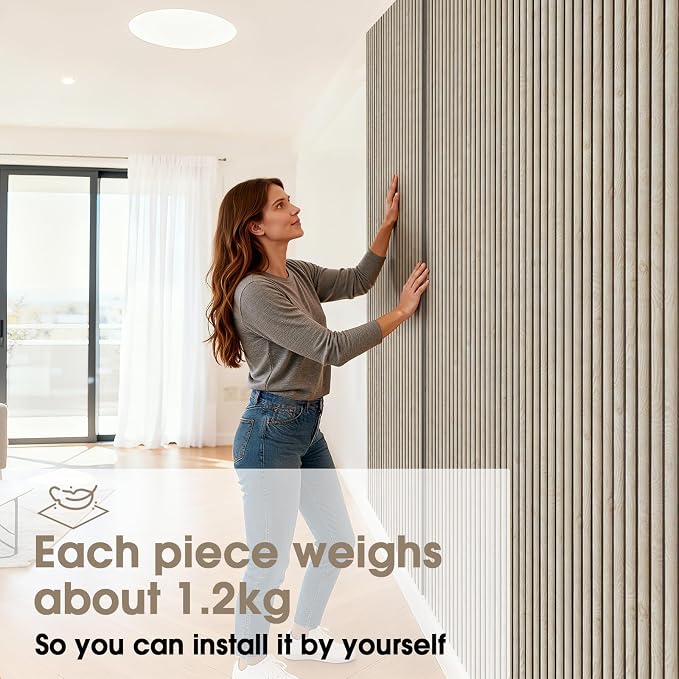 PS Wood Look Slat Wall Panels for Interior Wall Decor, 20-Pack | 78.74 x 11.81 in, Covers 129 sq.ft, Lightweight Self-Adhesive Wall Panels, 3D Wainscoting Wall Covering-White Oak - Image 3