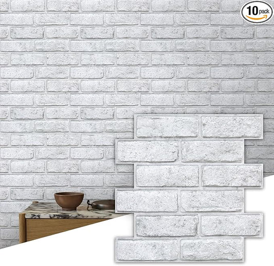 Commomy Faux Brick Wall Panels Peel and Stick Thin PVC 10 Pcs 11.8" x 11.8" | Small Size Thin PVC Quick Grey Spots White Brick Wall Covering Home Decor for Fireplace,Home Office (Covers 9.7 sq.ft) by CommomyDecor