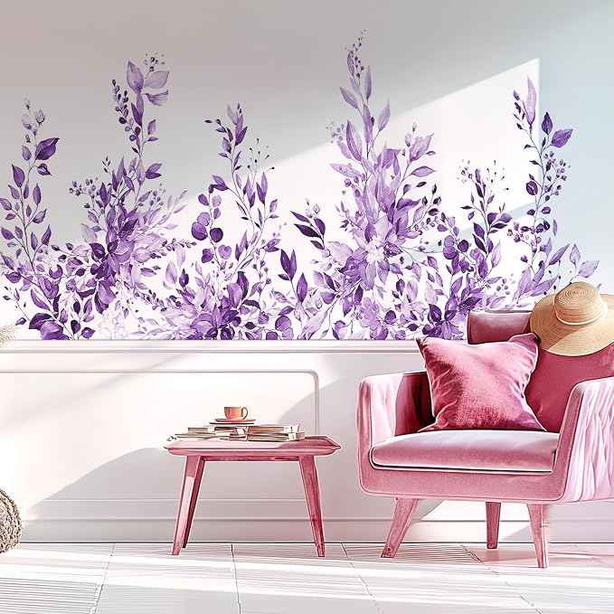 Purple Plants Leaves Hanging Vines Wall Decals, Floral Flower Wall Stickers | Watercolor vine leaf peel and stick wall decor, removable self‑adhesive vinyl wall art mural for bedroom living room - Image 3