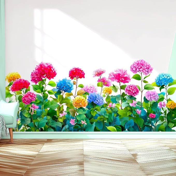 Colorful Hydrangea Floral Flower Border Removable Wall Decals Decor Sticker | Green blooms plants removable vinyl peel and stick art wall stickers mural for living room bedroom kitchen bathroom office - Image 5