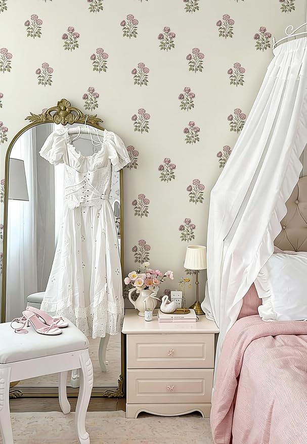 17.3" × 118.1" Vintage Floral Wallpaper Retro Rose Flower Contact Paper for Cabinets Self Adheisve Beige Floral Wallpaper for Bedroom Accent Wall Cabinets - Image 3