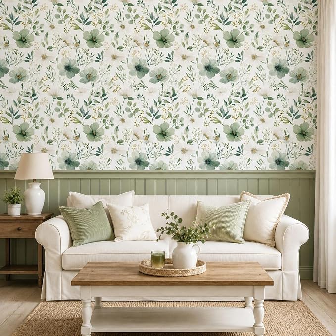 Sage Green Floral Peel and Stick Wallpaper 17.7" x 70.8" | Thick removable watercolor natural flower design for renters and bedroom accent walls - Image 9