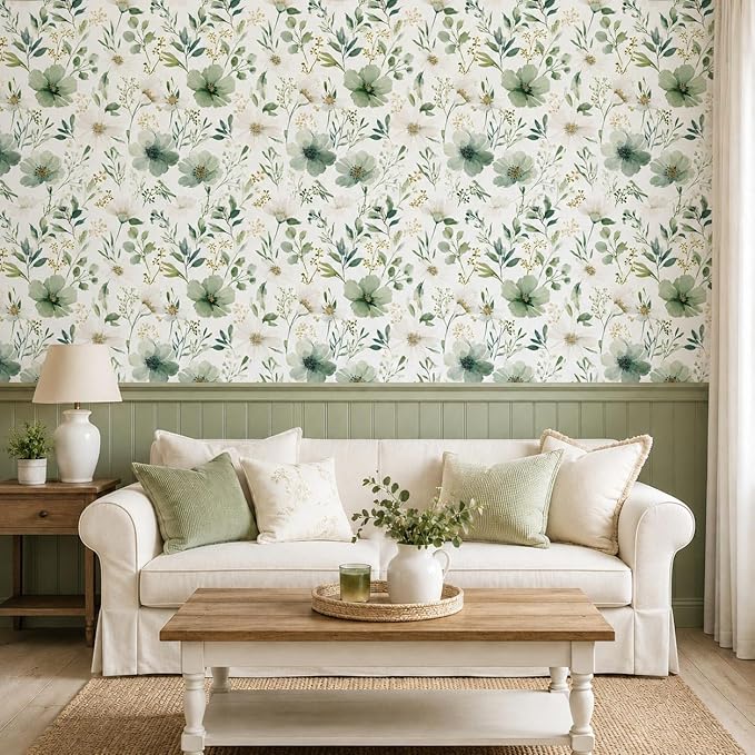Sage Green Floral Peel and Stick Wallpaper 17.7" x 118" | Thick removable watercolor natural flower design for renters and bedroom accent walls - Image 5
