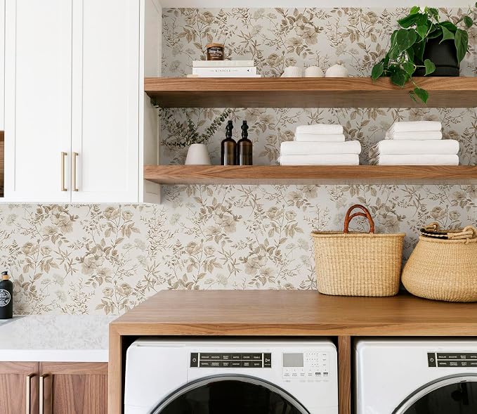 Erfoni Beige Floral Peel and Stick Wallpaper Boho Floral Leaf Contact Paper | 16.9" x197" Boho Self Adhesive Wallpaper Flower DIY Removable Decoration Wallpaper for Livingroom Accent Wall Covering - Image 7