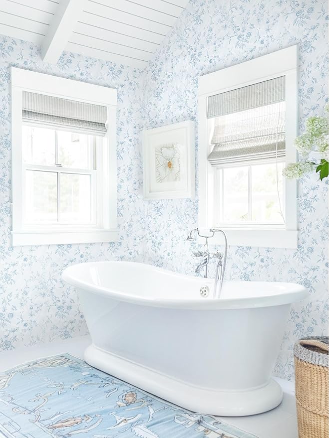 Dimoon 393"x17.3" Blue Wallpaper Floral Peel and Stick Wallpaper Blue Contact Paper Vintage French Country Renter Friendly Bathroom Boho Flower Removable Wall Paper Kitchen Self Adhesive Vinyl Roll - Image 4