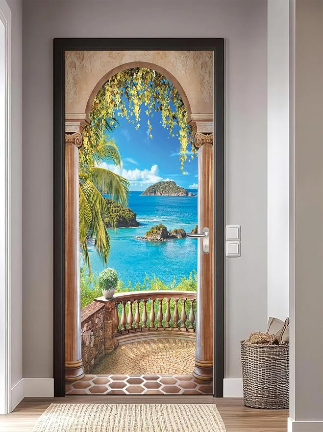 artfanke 3D Balcony Arch Seascape Peel and Stick Door Sticker 33.5"x84.6",Self-Adhesive Door Wall Murals Wallpaper Decal for Living Room Bedroom Decor (2 Sheets/Set) - Image 4