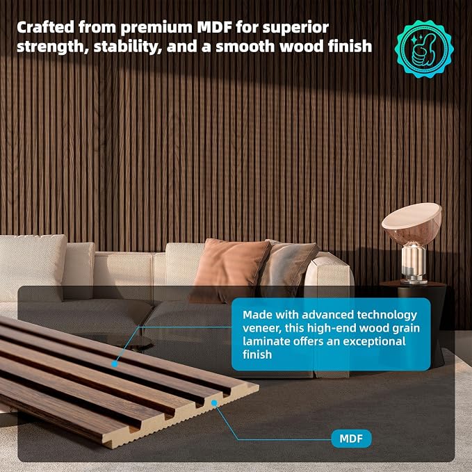 Art3d Wood Slat Wall Panels, Fluted MDF, 6-Pack, 94.6 x 7.4 in,Walnut | 3D Textured Panels for Accent Walls, Ideal for Living rooms, Bedrooms, Offices, Entryways and Studios - Image 2