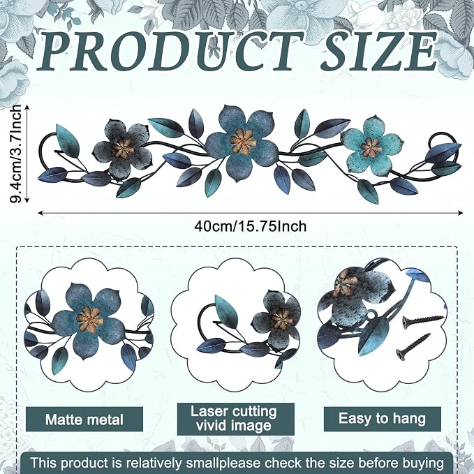Wesiti Metal Flower Wall Decor Wrought Iron Scroll 15.7x3.7,Blue | Vintage Metal Flower decor,Farmhouse Leaf Art with Nails, Flat Not 3D Design, For Bedroom Kitchen Indoor Outdoor Wall Decor - Image 2