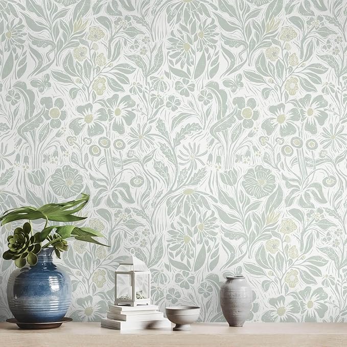 Heroad Floral Contact Paper Green Peel and Stick Wallpaper Botanical Self Adhesive Removable Stick on Wall Paper for Cabinets Drawers Waterproof Bathroom Pantry Wall Decor Vinyl Roll 17.3''x78.7'' by HeroadBrand