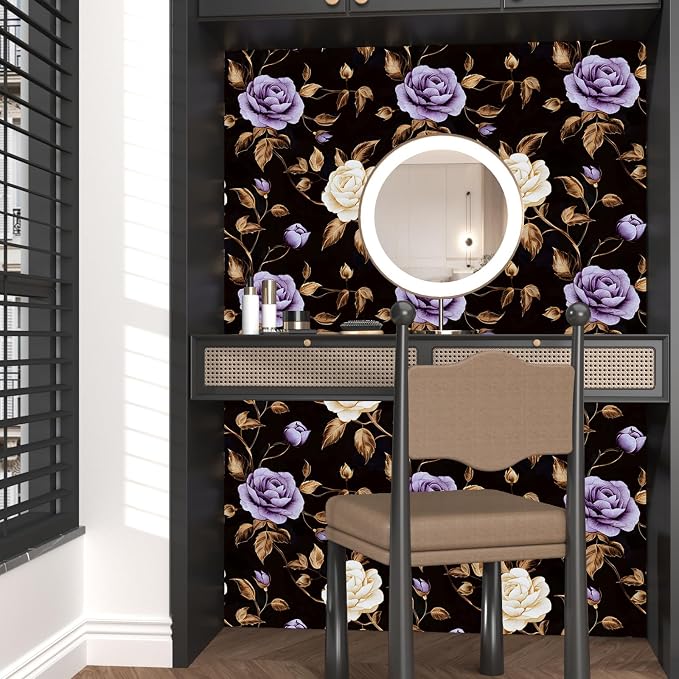 Laatse Dark Purple Gold Rose Floral Wallpaper Peel and Stick 17.5''x393'' | Self Adhesive/Removable/Waterproof/Thick Vinyl Contact Paper for Bathroom Bedroom Shelf Cabinet Drawer,Prepasted,Easy Peel - Image 6