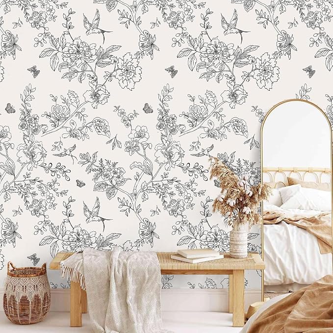 Froluya Black and White Floral Wallpaper Peel and Stick 17.7in×590.5in | Vintage Floral Contact Paper Boho Flowers Birds Removable Self Adhesive Decorative Wallpaper for Bathroom Cabinets - Image 5